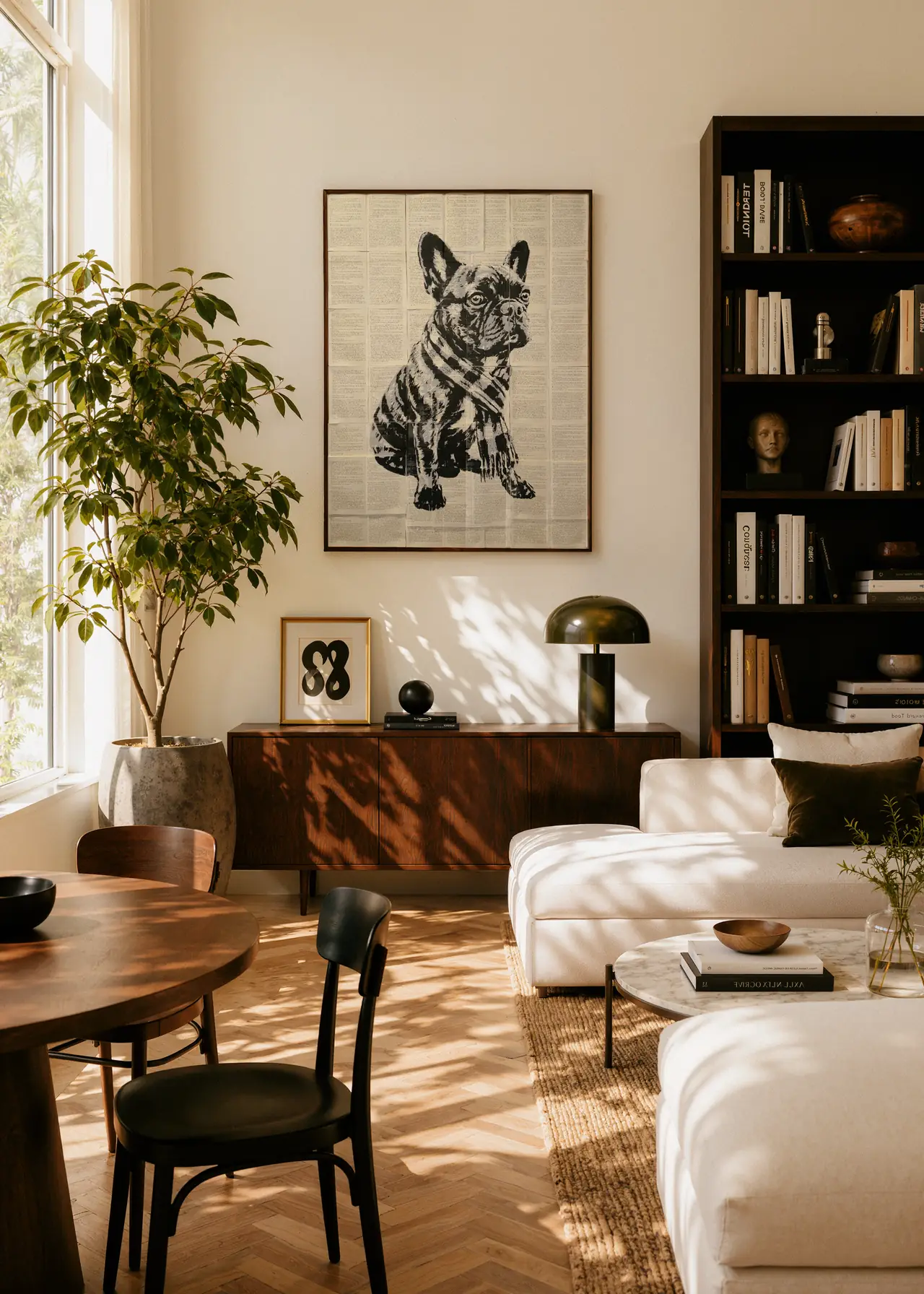Quadro de buldogue francês pintado à mão sobre páginas de livro em sala de estar com estante e sofá branco