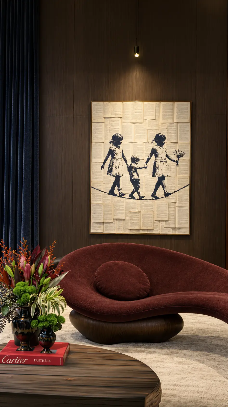 Quadro de três crianças de mãos dadas atravessando uma corda, pintado sobre páginas de livro em parede de madeira escura