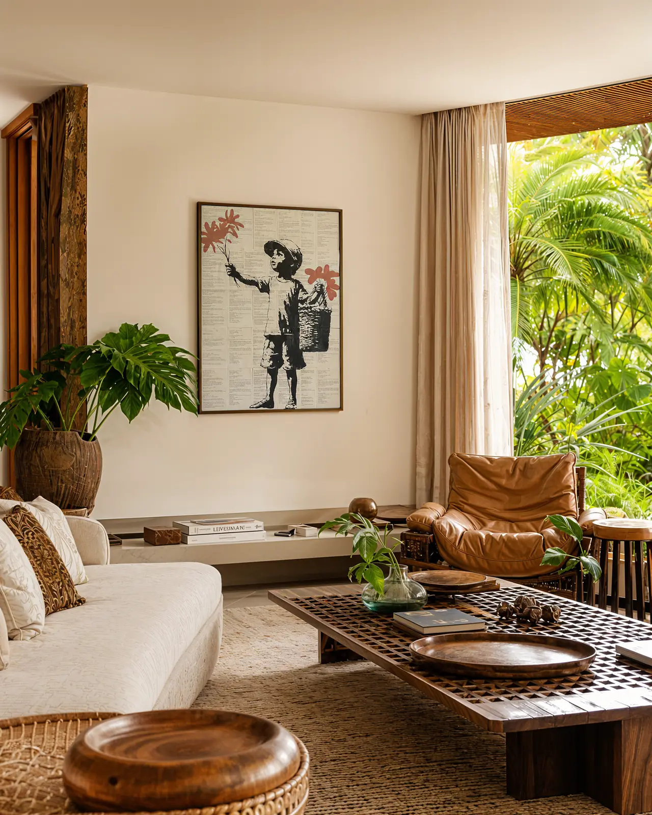 Quadro de menino com cesto oferecendo flores cor de coral, pintado sobre páginas de livro, em sala tropical