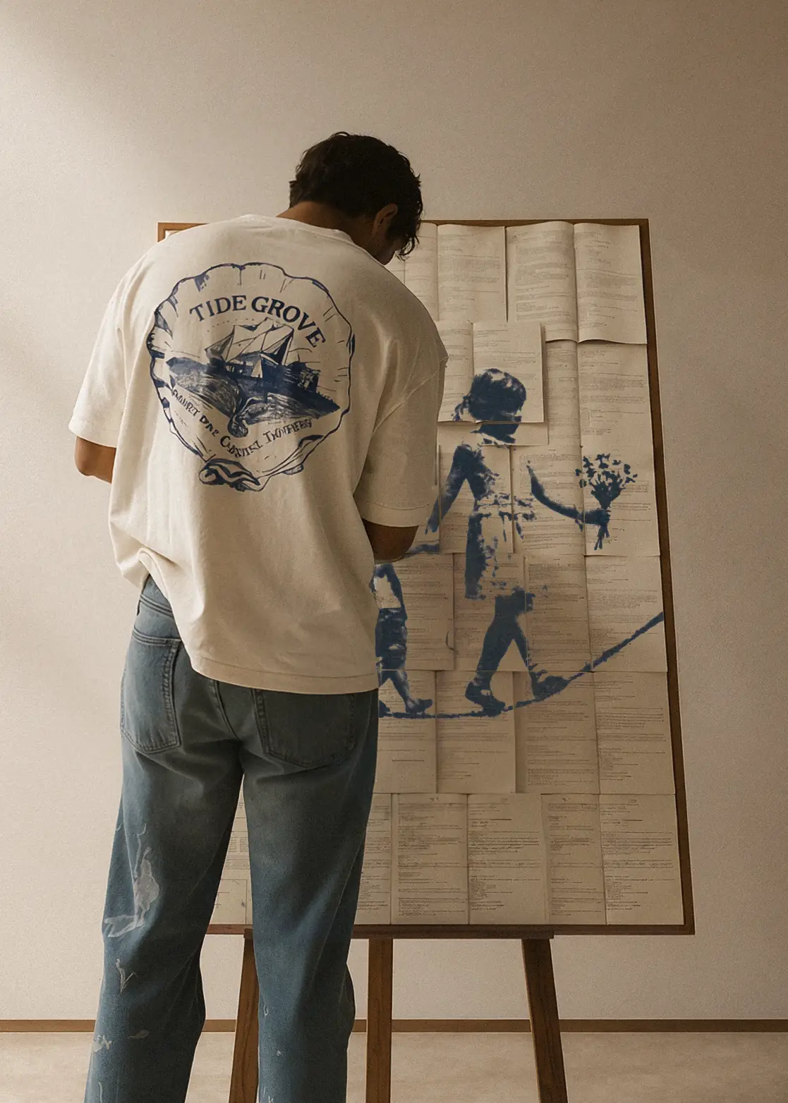 Artista finalizando no cavalete um quadro azul pintado sobre páginas de livro