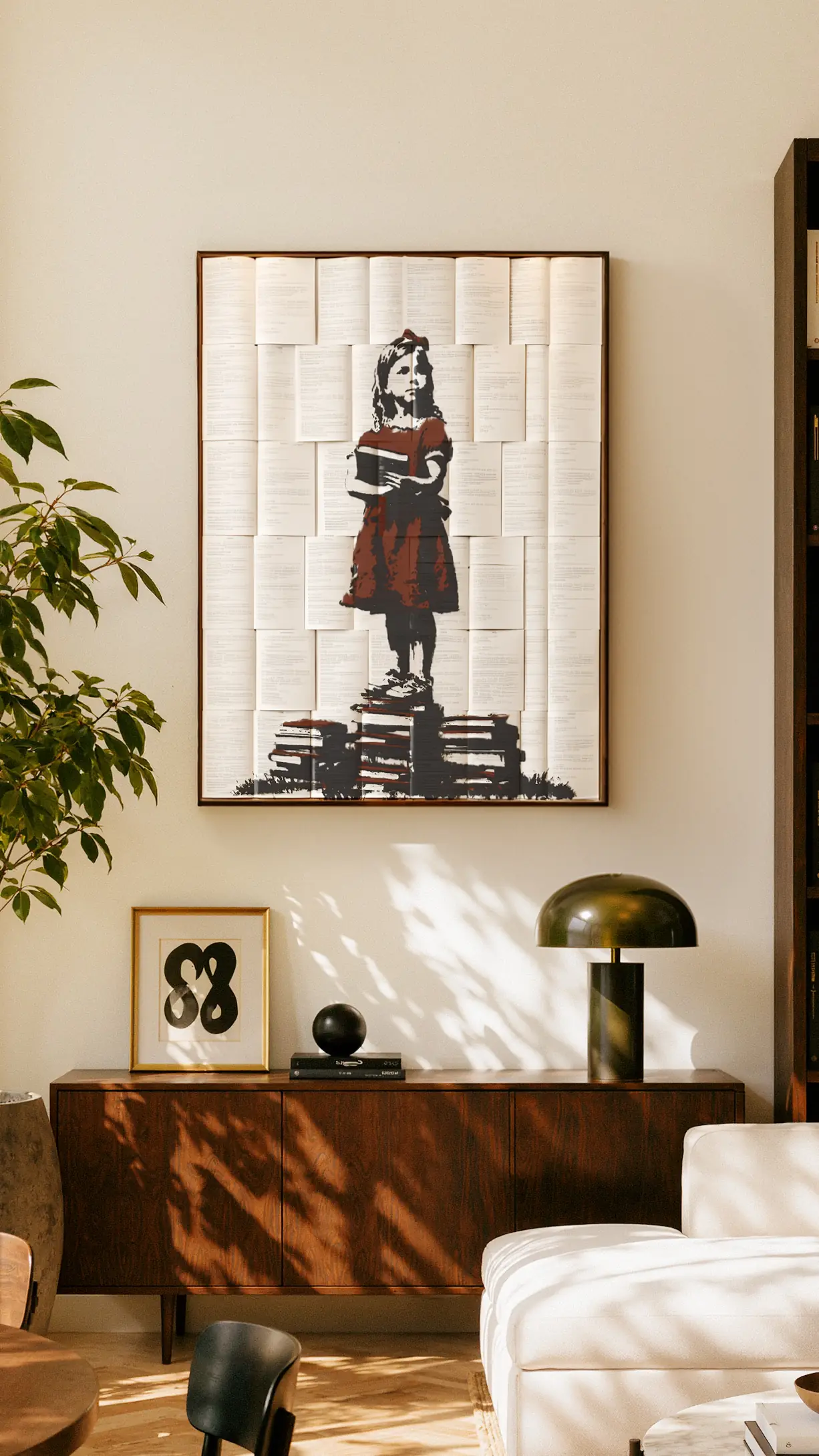 Quadro decorativo de menina com vestido vermelho sobre pilha de livros, pintado sobre páginas de livro, acima de aparador de madeira