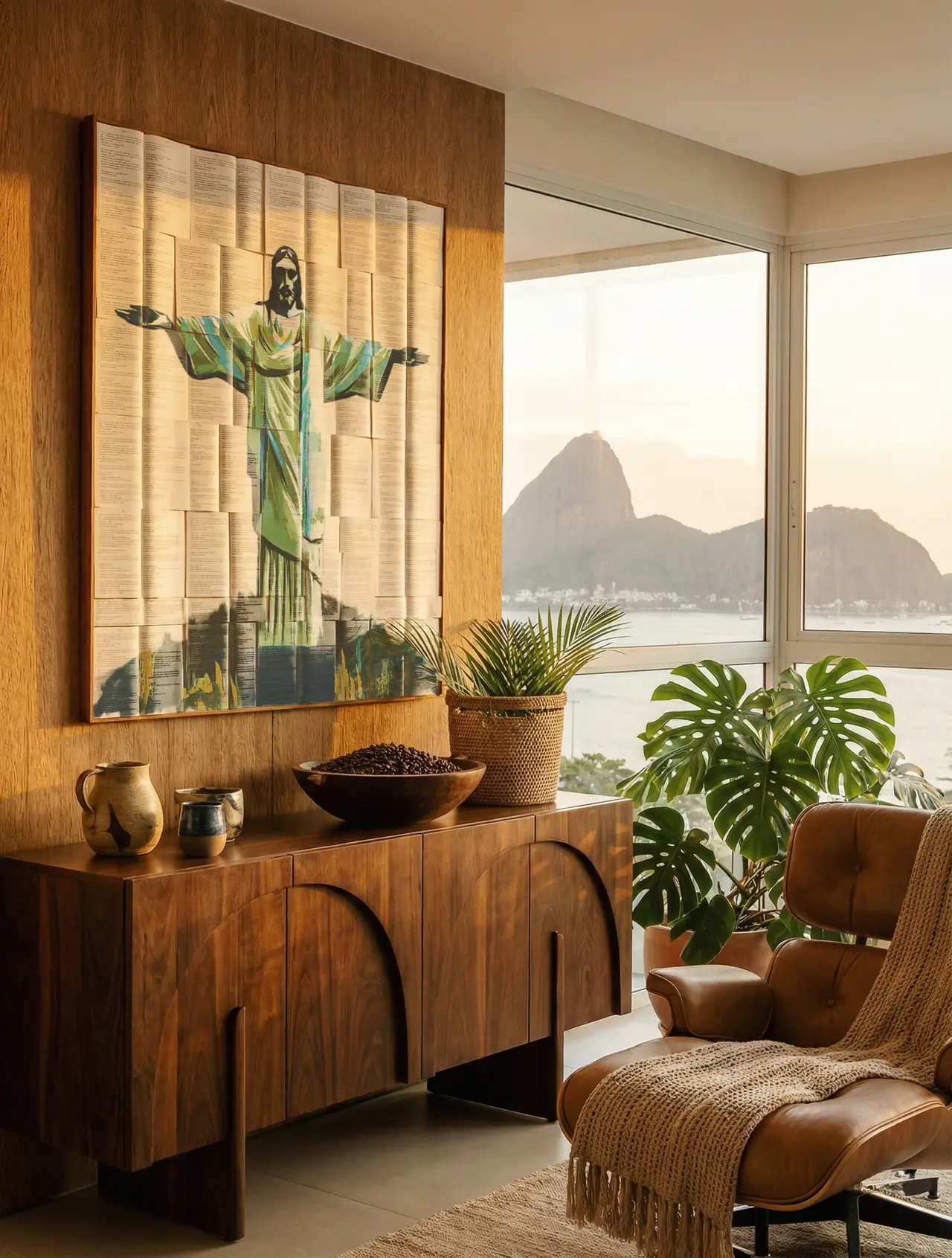 Quadro do Cristo Redentor em tons de verde pintado sobre páginas de livro, em sala com vista para o Pão de Açúcar